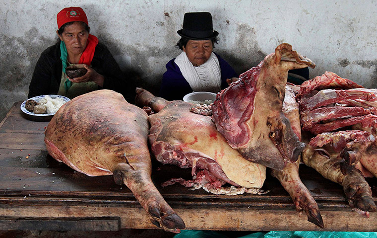 24 hours in pictures: Guambiano Indian women eat by chunks of pork during celebrations, Colombia