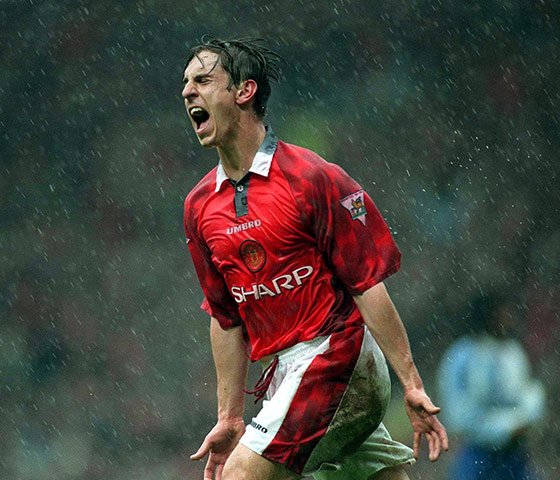 Gary Neville retires: Gary Neville celebrates scoring his first goal for Manchester United