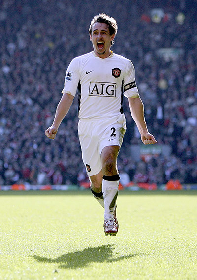 Gary Neville retires: Gary Nevillee celebrates after United's win over Liverpool in 2007