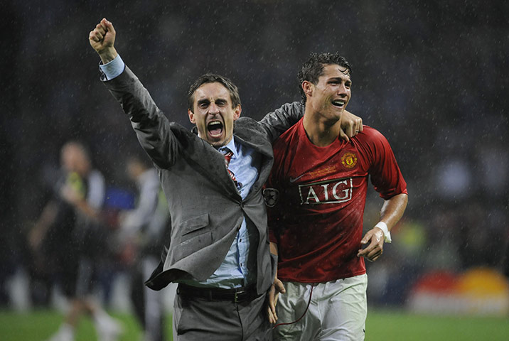Gary Neville retires: Gary Neville and Ronaldo celebrate
