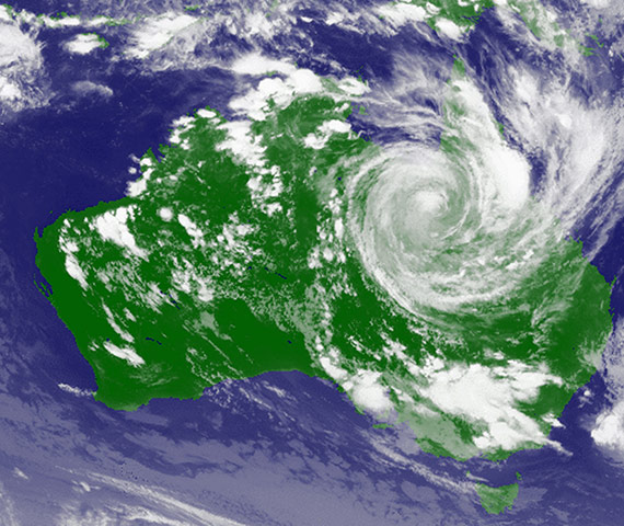 Cyclone Yasi: A weather satellite image shows cyclone Yasi moving inland