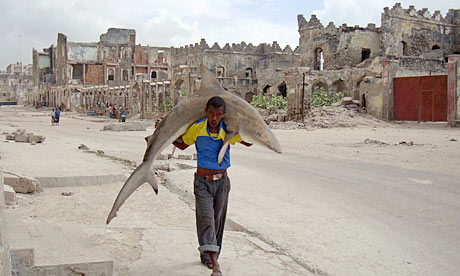 A man carries a shark through Somali capital Mogadishu, which has been ruined by civil war