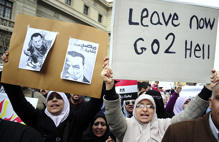 Egyptian Protests: Egyptian women shout anti-Mubarak slogans during a protest