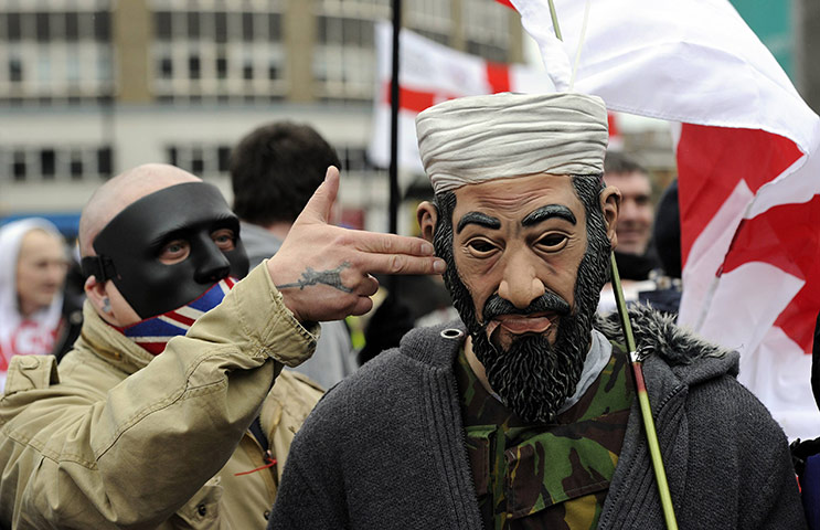 EDL protest: A supporter of the English Defence League wearing an Osama Bin Laden mask 