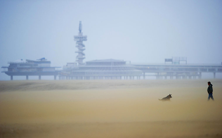 24 hours: Scheveningen, Netherlands: A man walks with his dog along a windswept beach