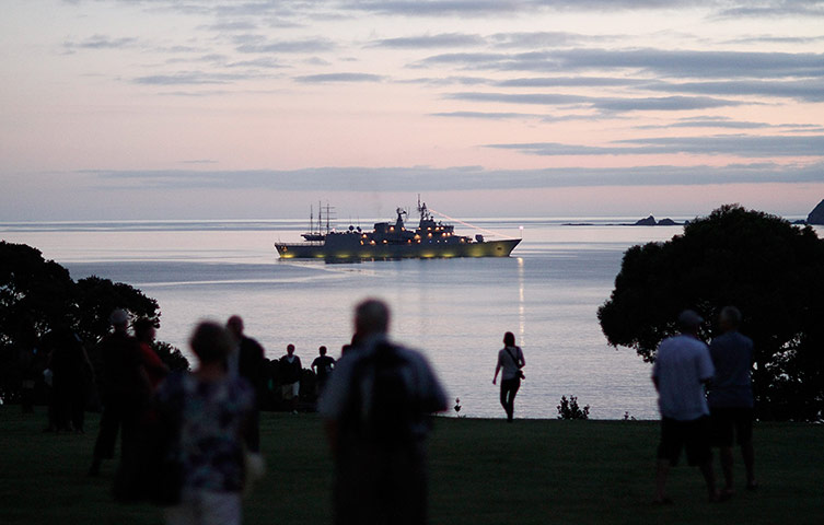 24 hours: Waitangi, New Zealand: The naval frigate Te Kaha sits near the shoreline