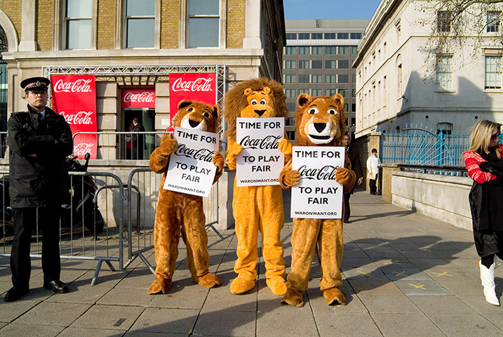 War on Want: protest outside the Coca-Cola sponsored UK leg of the World Cup Tour