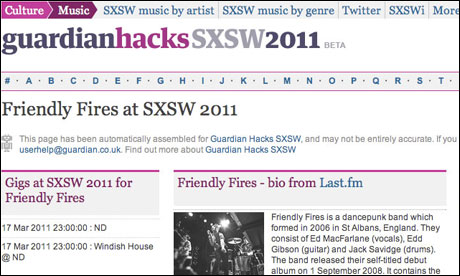 A Guardian SXSW listing page for Friendly Fires