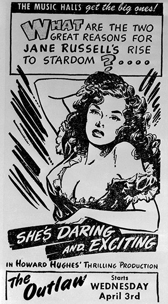 jane russell: Advertisement for  The Outlaw Starring Jane Russell