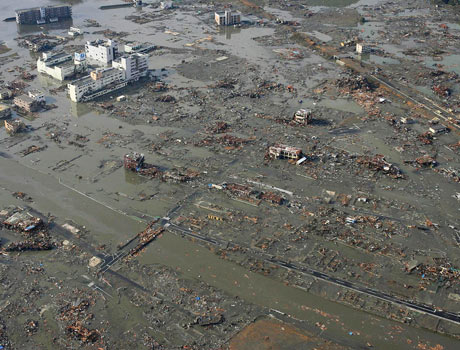 Buildings are covered with mud in Minamisanriku town, Miyagi prefecture, northern Japan