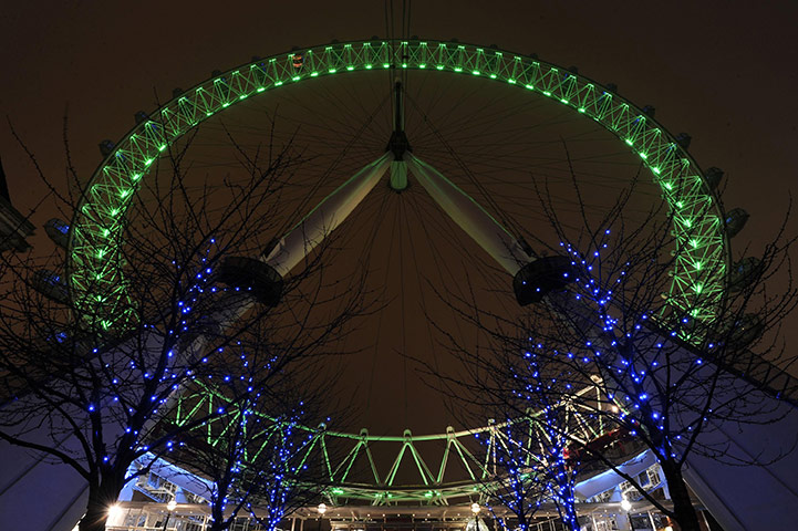 St Patricks Day: The London Eye is lit green for St. Patrick's Day today