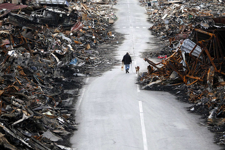 Japan salvage: A man walks with his dog in Kesennuma