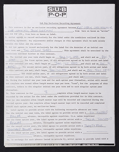 Nirvana: Nirvana's 1989 contract with Sub Pop