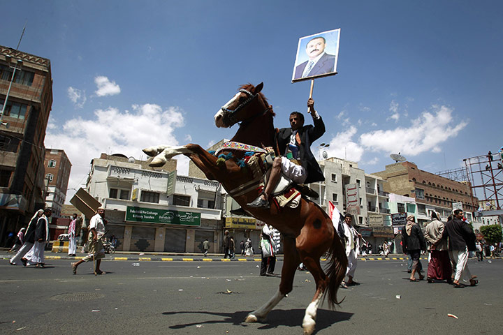24 Hours: A supporter of Yemen's President rides a horse to show his support