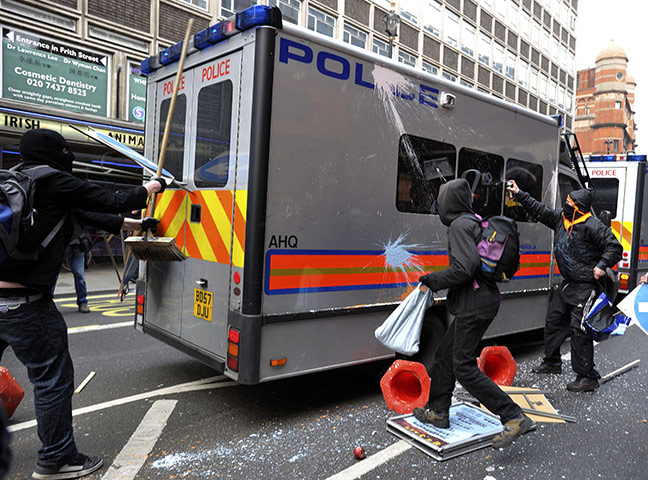 London Protest: Demonstrators attack a police van in Oxford Street