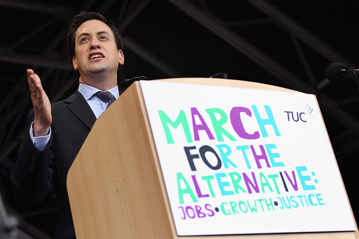 London Protest: Labour party leader Ed Miliband addresses a mass rally in Hyde Park