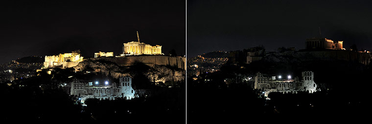 Earth Hour: Combination pictures of lights on and off