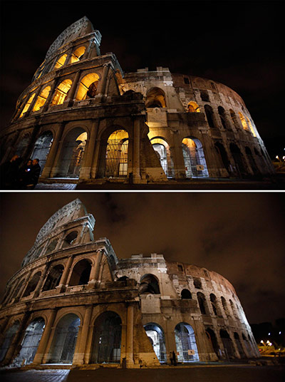 Earth Hour: Combination pictures show the lights on and off