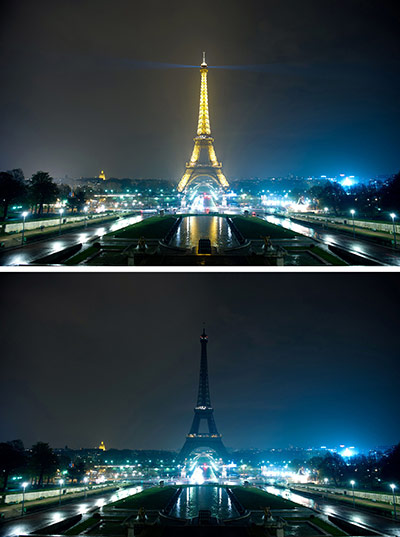 Earth Hour: Combination pictures show the lights on and off