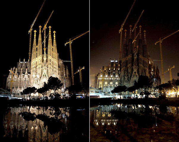 Earth Hour: Combination pictures show the lights on and off