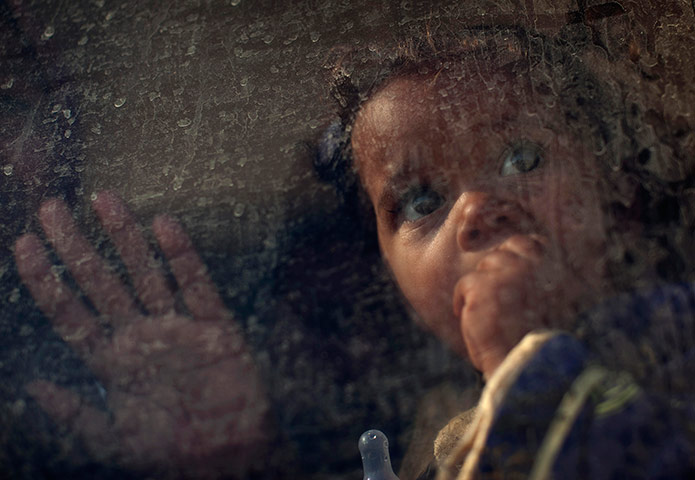 Libya Gallery: An Egyptian child looks through the window of a bus