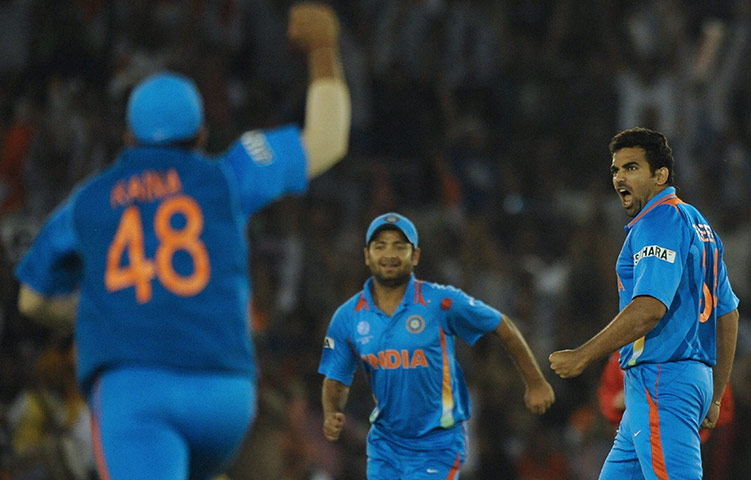 India v Pakistan: Gallery: Indian fast bowler Zaheer Khan (R) react