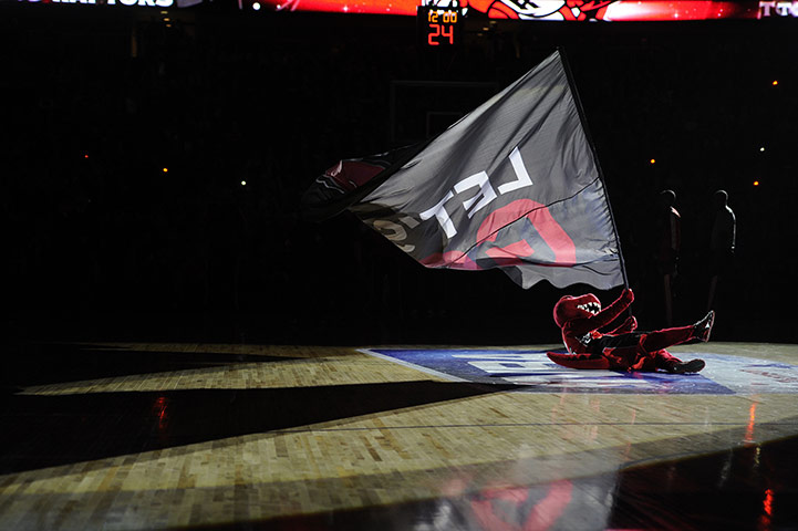 NBA: The Toronto Raptor mascot gets excited as his team are announced 