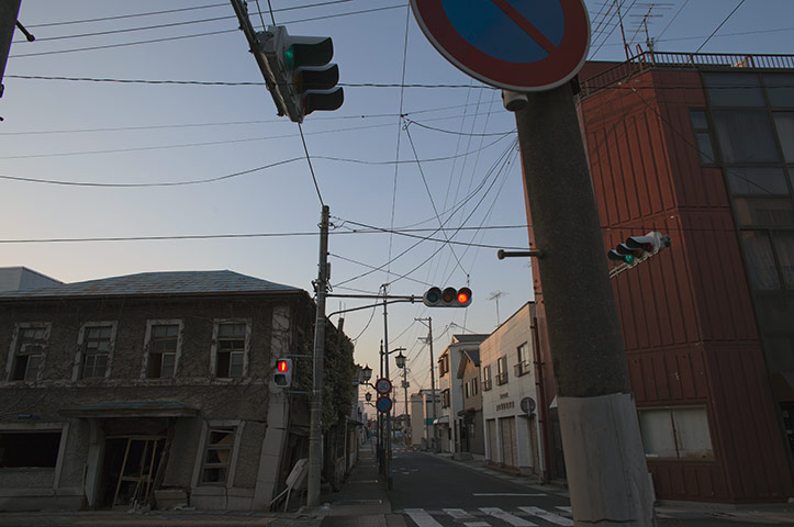 Fukushima exclusion zone: 12 April: A deserted street in Futaba Town about 6km away from the plant