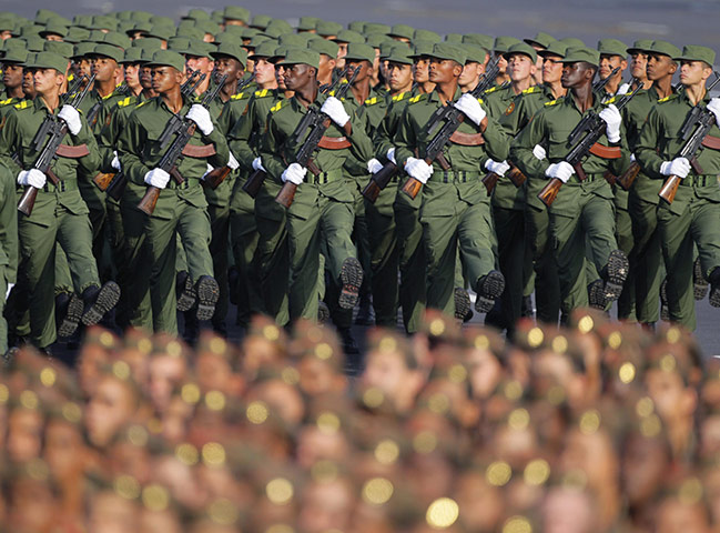 Bay of Pigs anniversary: Cuban soldiers march during a military parade in Havana's Revolution Square