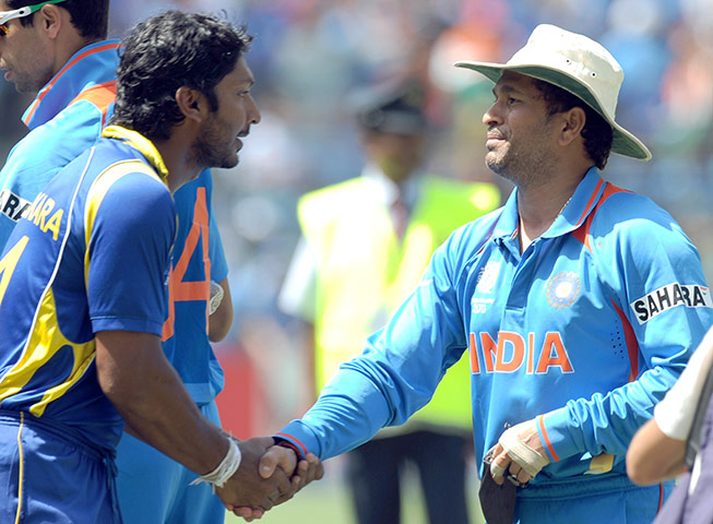 crickworldcup: Sri Lanka captain Kumar Sangakkara greets India's Sachin Tendulkar