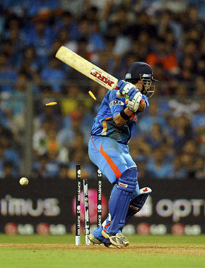 Cricket World Cup: India's Gautam Gambhir is bowled by Sri Lanka's Thisara Perera 