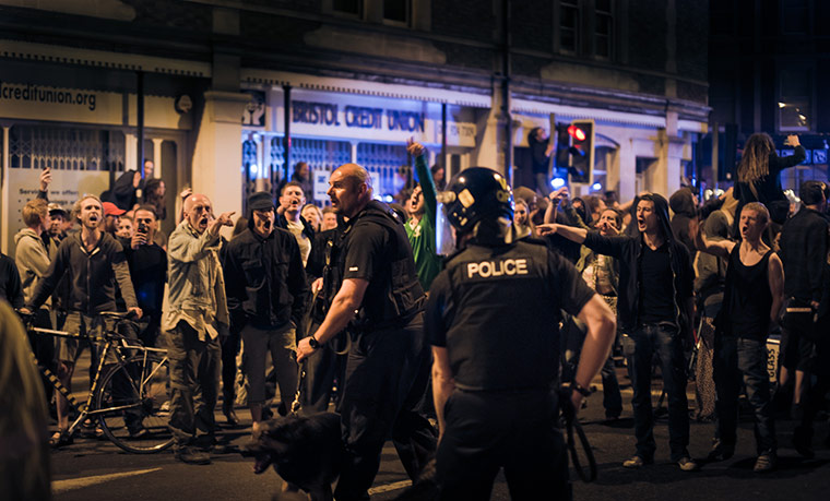 Tesco riots in Bristol: Riot police at the scene
