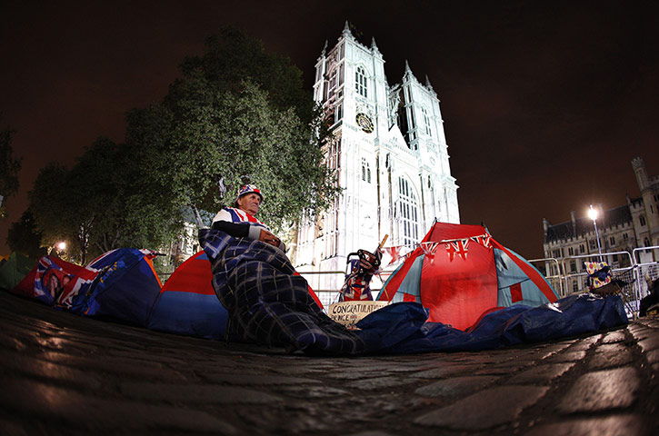 Royal Wedding rehearsal: Royal watcher Hutt outside the entrance to Westminster Abbey in London