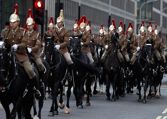 Royal Wedding rehearsal: The Household Cavalry parade past Westminster Abbey