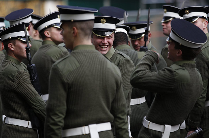 Royal Wedding rehearsal: A soldier laughs during a Royal wedding rehearsal 