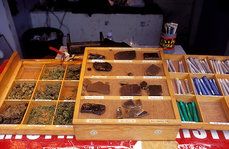 Christiania Copenhagen: Hash and Marijuana sold in Pusher street in Christiania, Copenhagen