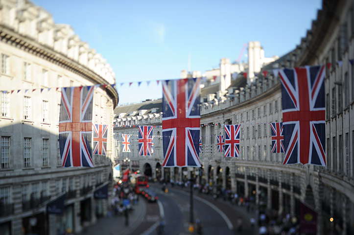 Preparations for wedding: Regent Street decorated with Union Jack flags