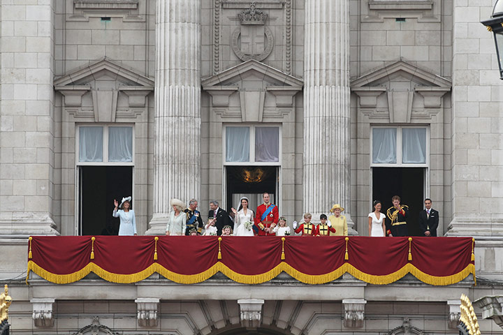 Wedding procession: The family gather on the balcony of Buckingham Palace