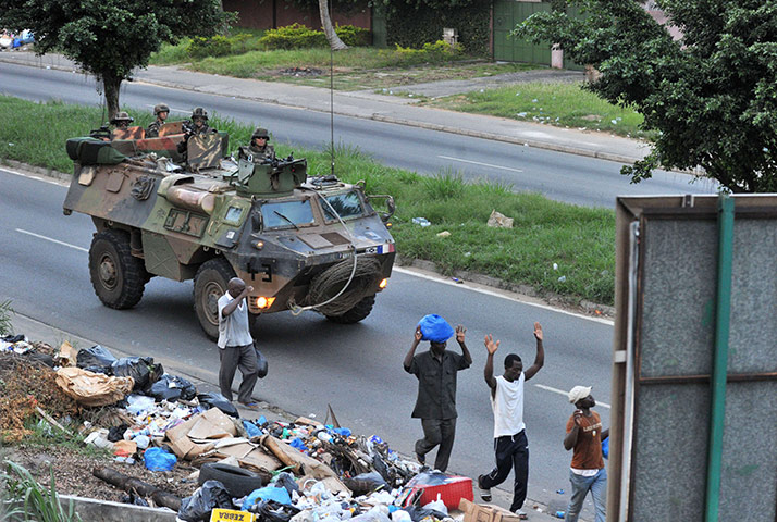 Ivory Coast Abidjan: 1 April: French military mission soldiers (Licorn) patrol a street 
