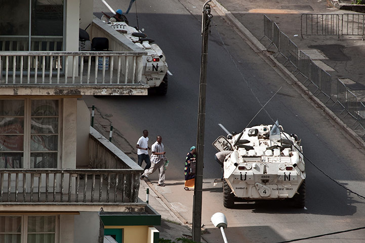 Ivory Coast Abidjan: 1 April: UN armoured vehicles evacuate civilians in the Plateau district 