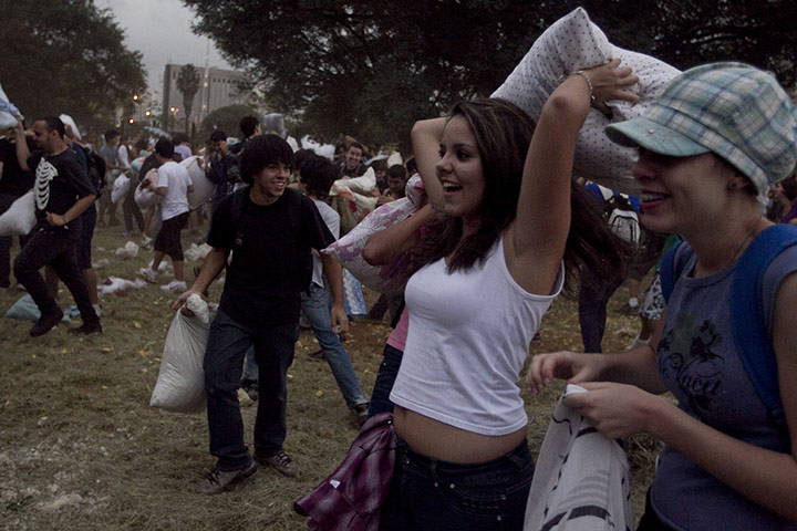 Pillow fight day: Sao Paulo, Brazil: People at a flash-mob pillow fight 