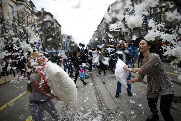 Pillow fight day: Sofia, Bulgaria: People participate in a flashmob pillow fight 