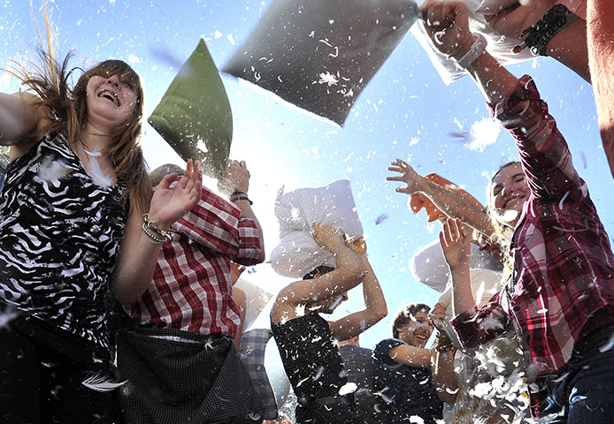 Pillow fight day: Zurich, Switzerland: Flash-mob pillow fight