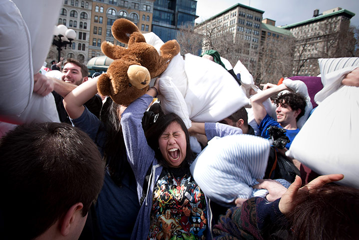 Pillow fight day: New York, USA: People pillow fighting in Union Square