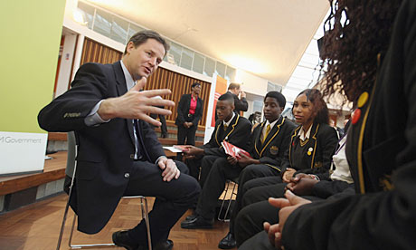 Nick Clegg gives a career advice talk to pupils at the Globe Academy in Southwark