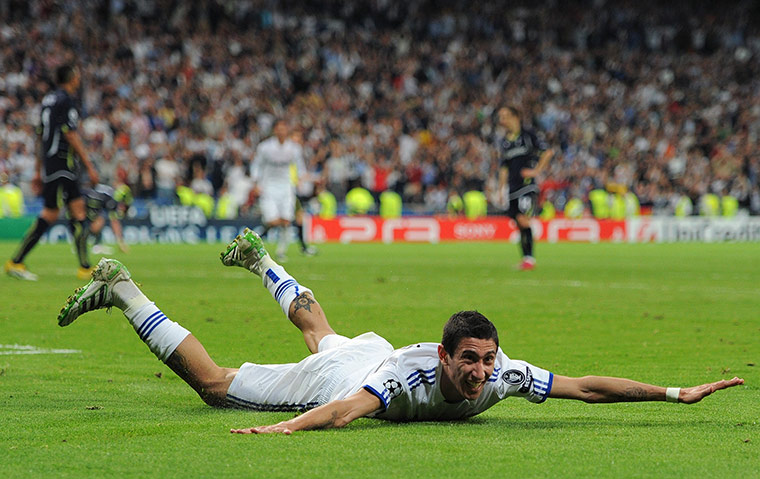 Real Madrid v Tottenham: Angel Di Maria celebrates scoring the 3rd goal in Real Madrid's 4-0 win