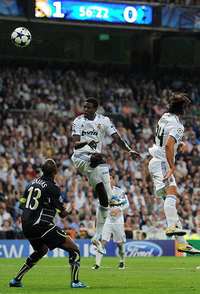 Real Madrid v Tottenham: Emmanuel Adebayor scores his, and Real's, second goal against Spurs