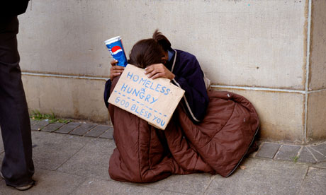 Young person homeless hungry and begging
