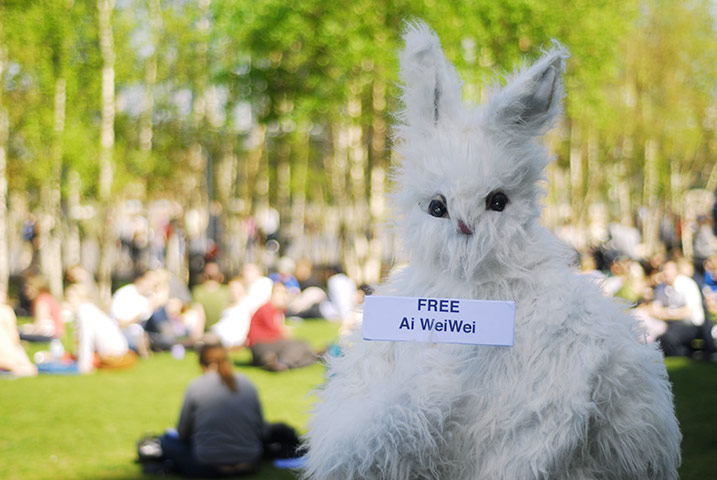 UK Weather: A demonstrator dressed as a rabbit
