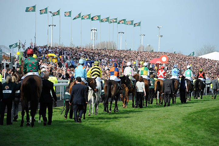 Grand National: The parade as the runners and riders make their way to the start